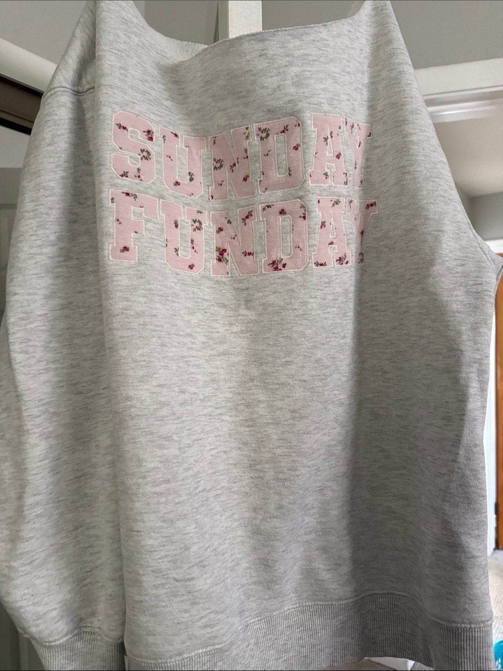 Sunday Funday Light Gray Sweatshirt with Pink Floral Appliqué